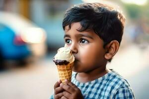 Indian boy ice cream cup. Generate Ai photo