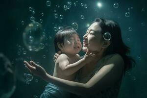 Mother child swim hug. Generate Ai photo