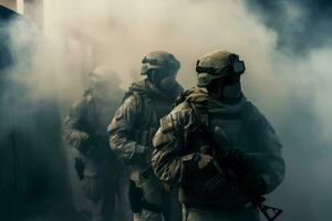 Special force soldiers in fog. Generate Ai photo