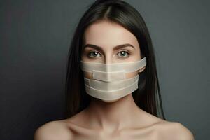 Young woman tape mouth care. Generate Ai photo
