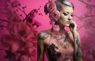 Punk woman pink flowers background. Generate Ai photo