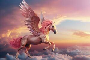 Pink pegasus flying. Generate Ai photo