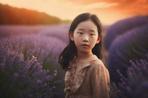 Asian girl lavender field. Generate Ai photo