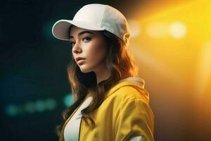 niña blanco gorra amarillo chaqueta. generar ai foto