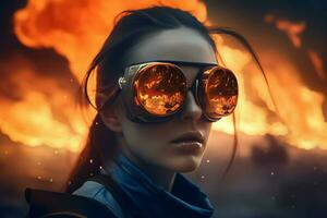 Woman glasses reflect fires. Generate Ai photo