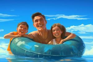 Happy family swim relax illustration. Generate Ai photo