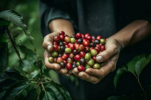 Hands green coffee beans nature. Generate Ai photo