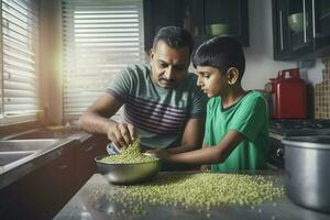 Indian son father cooking. Generate Ai photo