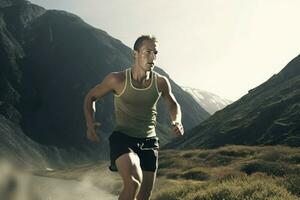 Man athlete mountain run sport. Generate Ai photo