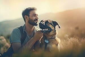 Man smiling dog friends. Generate Ai photo