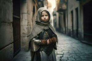 Medieval child knight street photo. Generate Ai photo