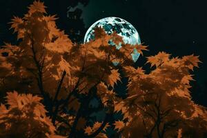 Orange leaves moon. Generate Ai photo