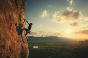 Person climbing sunset. Generate Ai photo