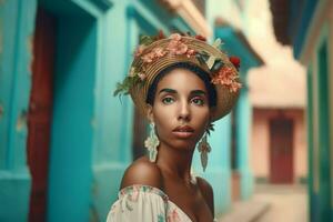 Cuban woman fashion street. Generate Ai photo