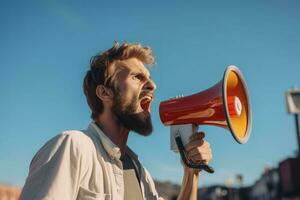 Man megaphone protest. Generate Ai photo