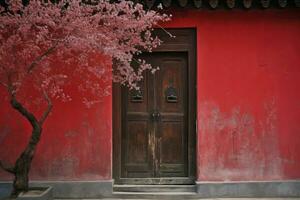 sakura rojo pared puerta. generar ai foto