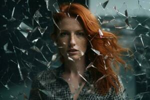 Red hair woman cracked glass. Generate Ai photo