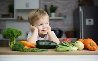 Child looking vegetables. Generate Ai photo