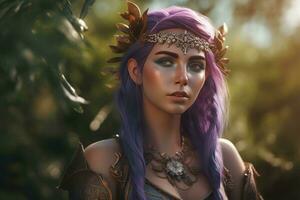 Druid purple hair in sun light. Generate Ai photo