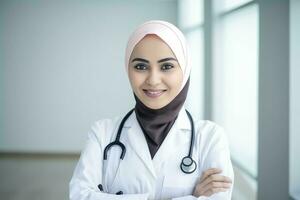 Smiling muslim nurse. Generate Ai photo