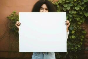 Student holding blank board sign. Generate Ai photo