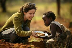 voluntario compartiendo comida África niño. generar ai foto