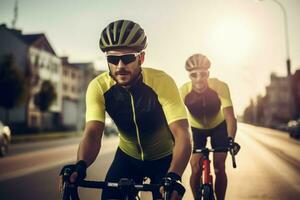 Two men cycling. Generate Ai photo