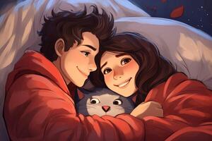 joven Pareja juntos en cama con gato ilustración. generar ai foto