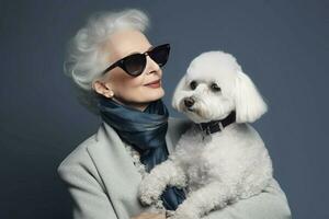 Senior woman white dog portrait. Generate Ai photo