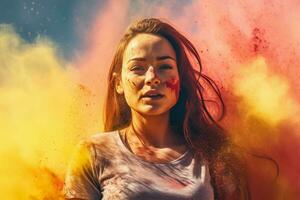 Woman explosion colorful powder. Generate Ai photo