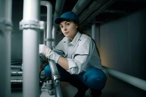 Woman plumber pipes. Generate Ai photo