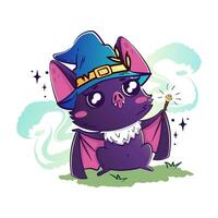 Kawaii bat wizard casts a spell with a magic wand, there is magic dust around vector
