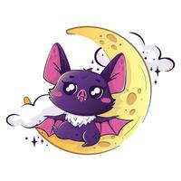 Kawaii bat flying against the background of a crescent moon vector