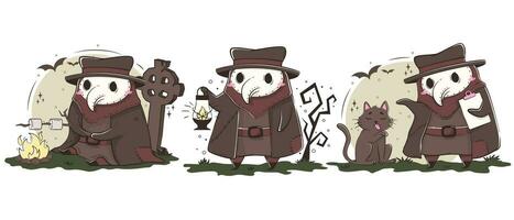 Set of cute kawaii plague doctor in various poses. Medical routine cartoon humorous concept. vector