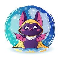 Kawaii bat in an occult cloak summoning spirits in a circle of fire vector