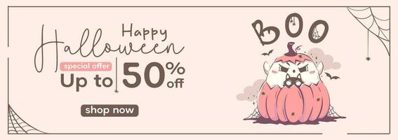 Halloween promo sale web banner template with cute kawaii ghost. Brochure, flyer, discount, special offer with calligraphic text. Halloween character vector illustration in pink retro colors.