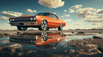 Classic american car with reflection on the water AI Generated photo