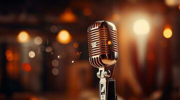 Retro microphone on stage with light bokeh background AI Generated photo