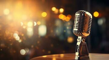 Retro microphone on stage with light bokeh background AI Generated photo