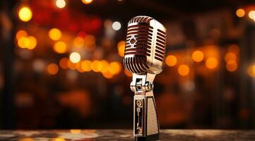 Retro microphone on stage with light bokeh background AI Generated photo