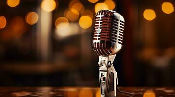 Retro microphone on stage with light bokeh background AI Generated photo