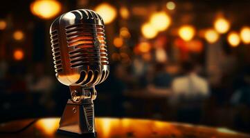 Retro microphone on stage with light bokeh background AI Generated photo