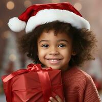 christmas, holidays and people concept - smiling little girl in red hat with gift box over living room background AI Generated photo