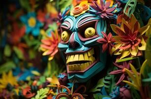 Closeup of a colorful carnival mask with flowers in the background AI Generated photo