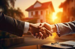 Real estate agent shaking hands with customer after signing contract in front of house AI Generated photo