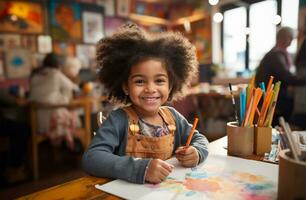 Portrait of a cute little girl drawing on paper in a classroom AI Generated photo