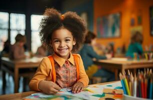 Portrait of a cute little girl drawing on paper in a classroom AI Generated photo