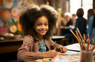 Portrait of a cute little girl drawing on paper in a classroom AI Generated photo