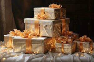 Gift boxes with golden ribbons on light background, closeup  Generated photo