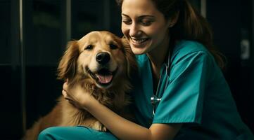 Portrait of a beautiful young veterinarian with her golden retriever dog AI Generated photo